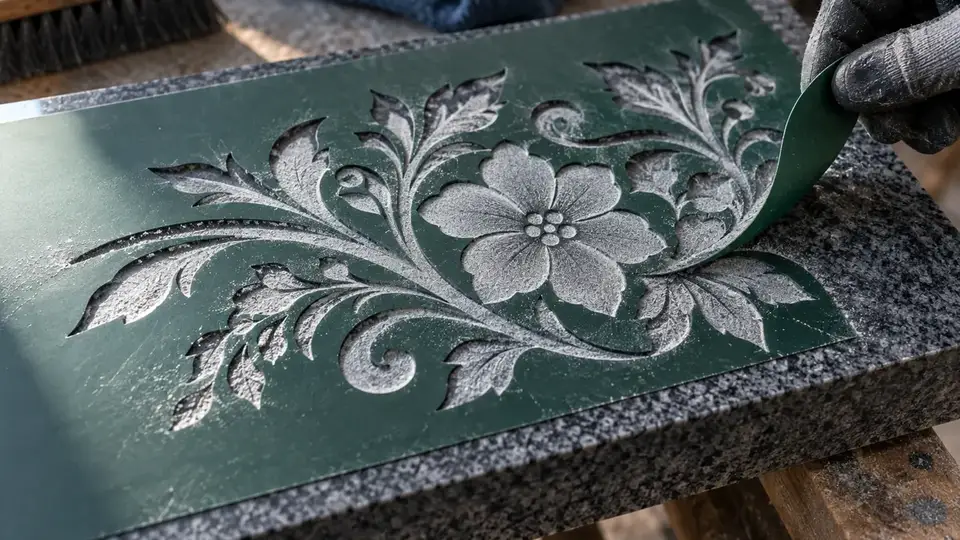 Dark green rubber stencil peeling from a floral sandblasted ornament on grey granite