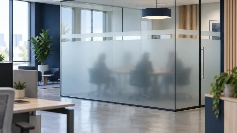 Frosted privacy film across a contemporary office glass meeting-room partition