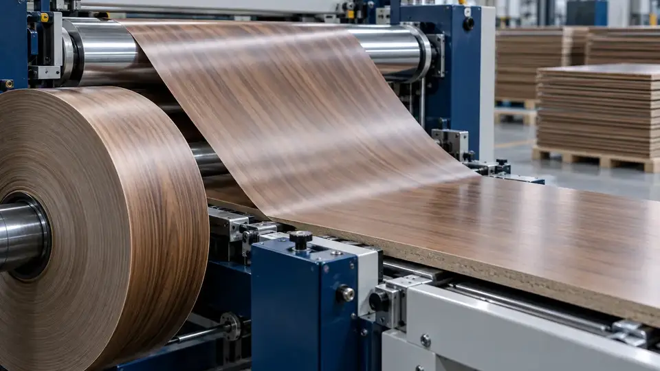 Walnut wood grain decorative film feeding over a steel roller into a panel laminating machine