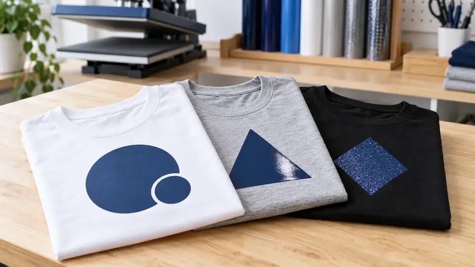 White, grey and black T-shirts decorated with matte, glossy and shimmer geometric heat transfers