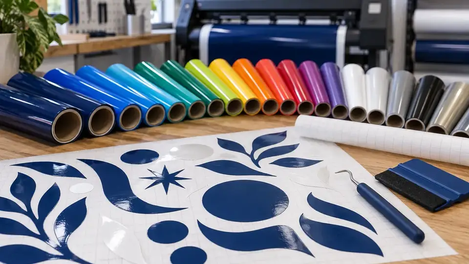 Coloured self-adhesive vinyl rolls and weeded abstract shapes on a sign-making workbench