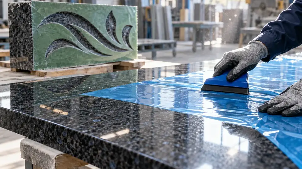 Translucent blue PE protective film being smoothed onto a polished dark granite countertop