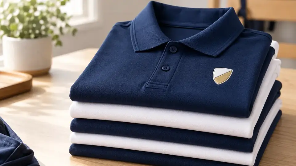 Folded navy and white polo shirts with a small abstract white and gold chest transfer